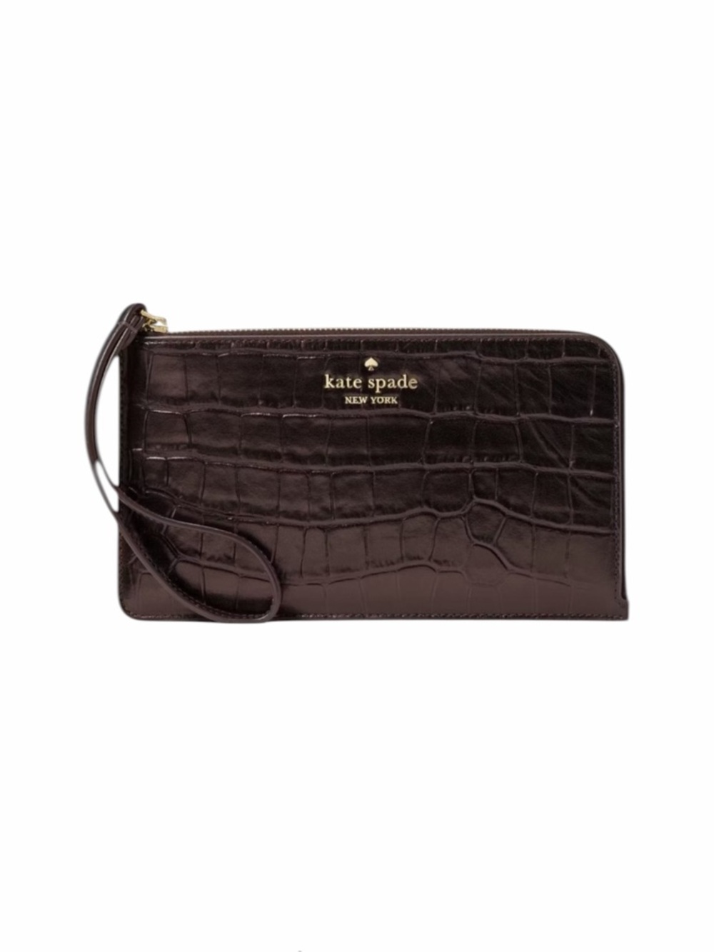 Kate Spade Lucy Croc Embossed Leather Medium L-Zip Wristlet In Hot Fudge NWT